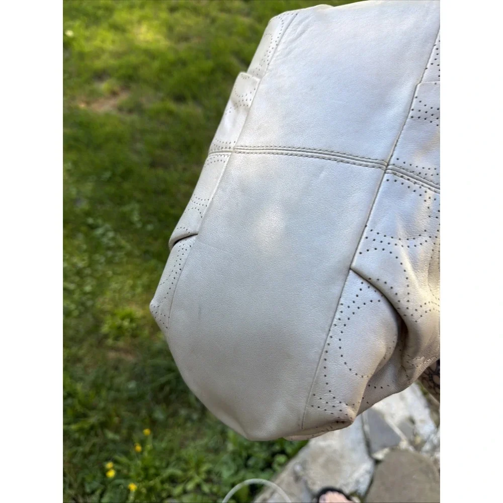 COACH Brooke Dove Gray Leather Perforated Signature Hobo Purse Boho
